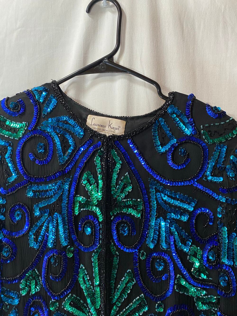 Vintage Laurence Kazar Silk Blue & Green Sequins Beaded Jacket Cocktail Medium